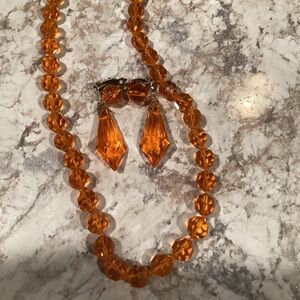 Vintage Vibrant Orange Acrylic Necklace and Earring Set